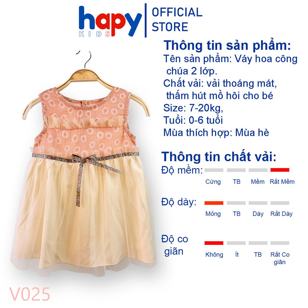 Váy Bé Gái, Đầm Bé Gái Hoa Công Chúa 2 Lớp Cho Bé Từ 7-20kg Hapykids V025