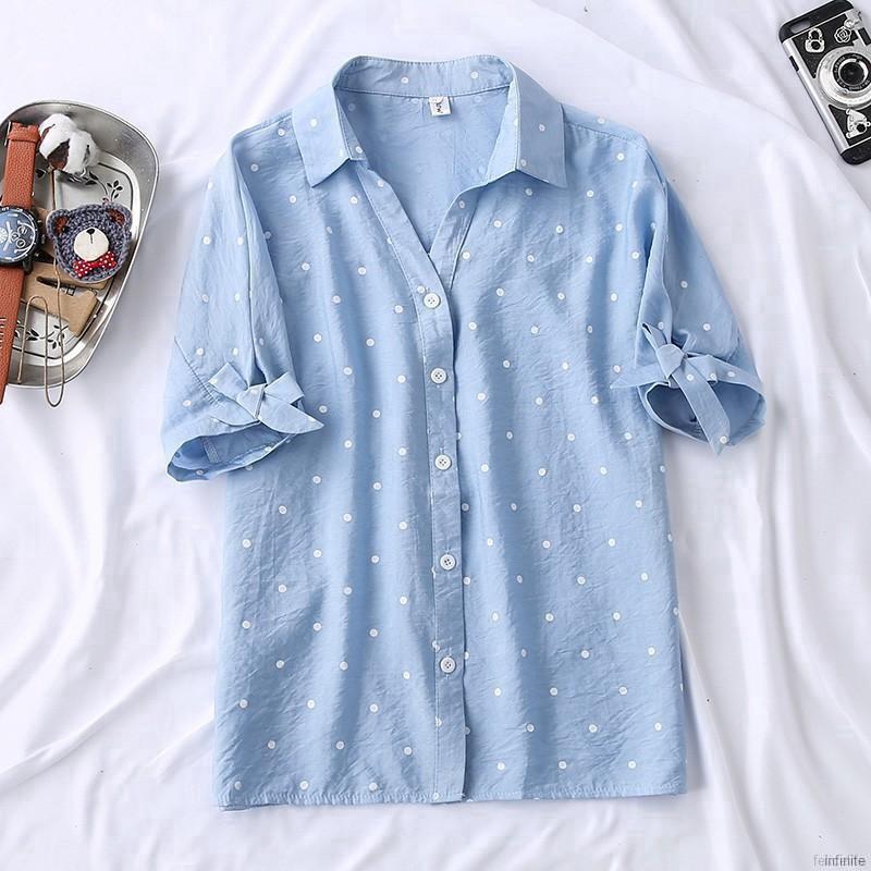 Áo sơ mi tay ngắn bằng chất liệu chiffon hoạ tiết chấm bi phong cách retro dành cho nữ | BigBuy360 - bigbuy360.vn