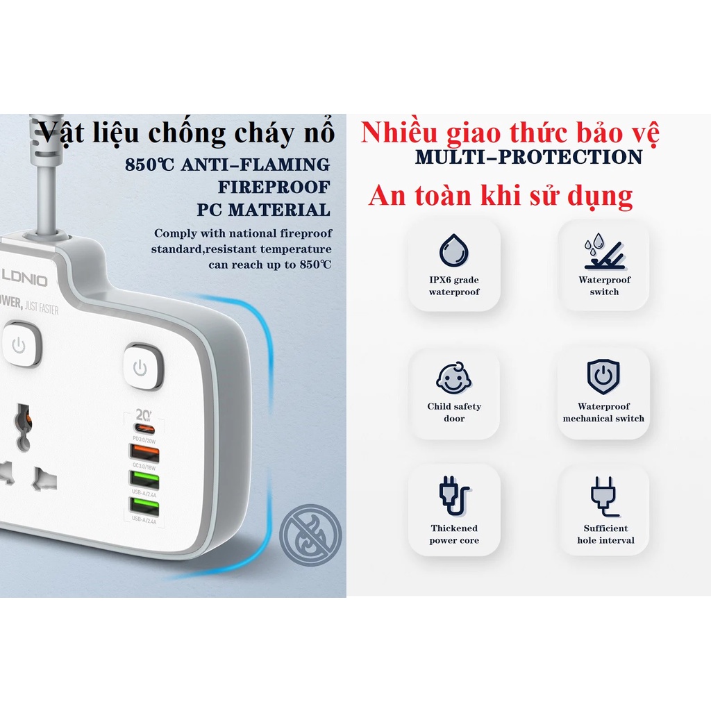 Ổ cắm đa năng 2500W hỗ trợ sạc nhanh QC18W PD20W tích hợp công tắc nguồn riêng LDNIO SC2413