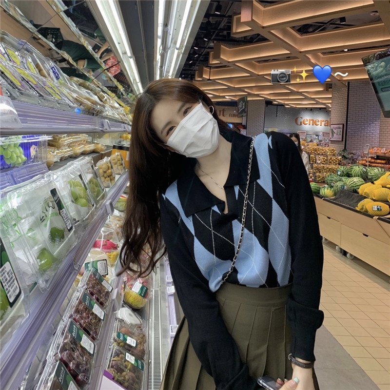 Áo Len Tay Dài Màu Sắc Tương Phản Phong Cách Retro Hàn Quốc