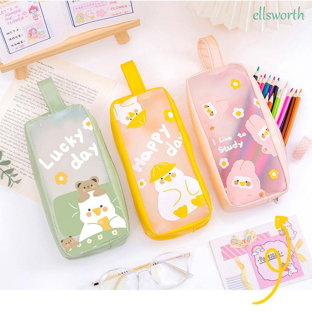 ELLSWORTH Túi đựng bút/ mỹ phẩm trong suốt chống thấm nước sức chứa lớn in họa tiết hoạt hình dễ thương nhiều màu sắc