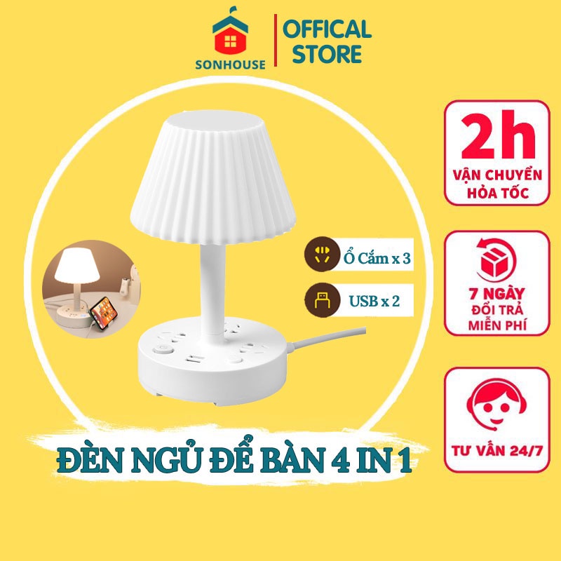 Đèn Ngủ Để Bàn Đa Năng 4 IN 1 Kiêm Ổ Cắm Điện, Cổng Sạc USB Và Giá Đỡ Điện Thoại Tiện Lợi SONHOUSE