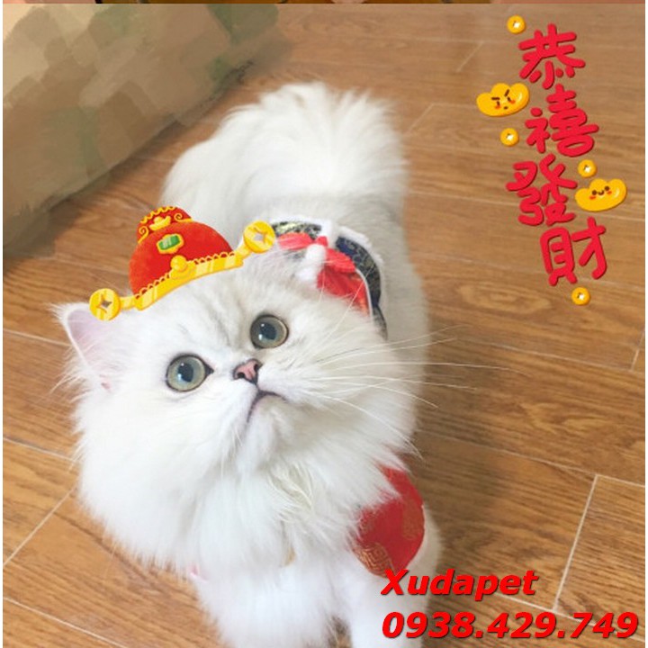 Áo Tết Cho Chó Mèo Kiểu Gấm Sườn Xám Xanh Đỏ chất liệu vải gấm, màu đỏ viền xanh - SP000279