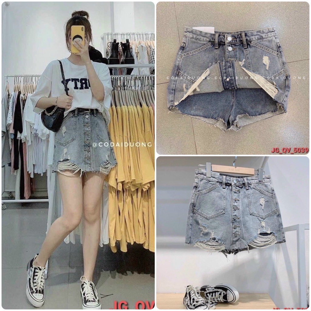 Chân váy Jean Ngắn Lưng cao Form chữ A Phối túi Hàn Quốc Chân váy bò ngắn Cạp cao BayBoutique