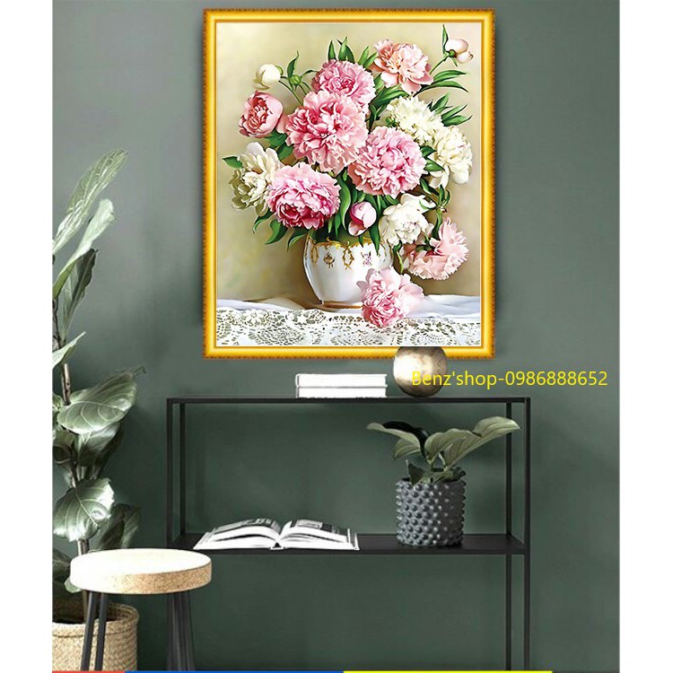 Tranh đính đá Hoa mẫu đơn tuyệt đẹp VS276 (50x40cm), Y8087 (50x60cm) tự đính; tranh thêu MN0137 (60x80cm)