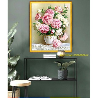 Tranh đính đá Hoa mẫu đơn tuyệt đẹp VS276 (50x40cm), Y8087 (50x60cm) tự đính; tranh thêu MN0137 (60x80cm)