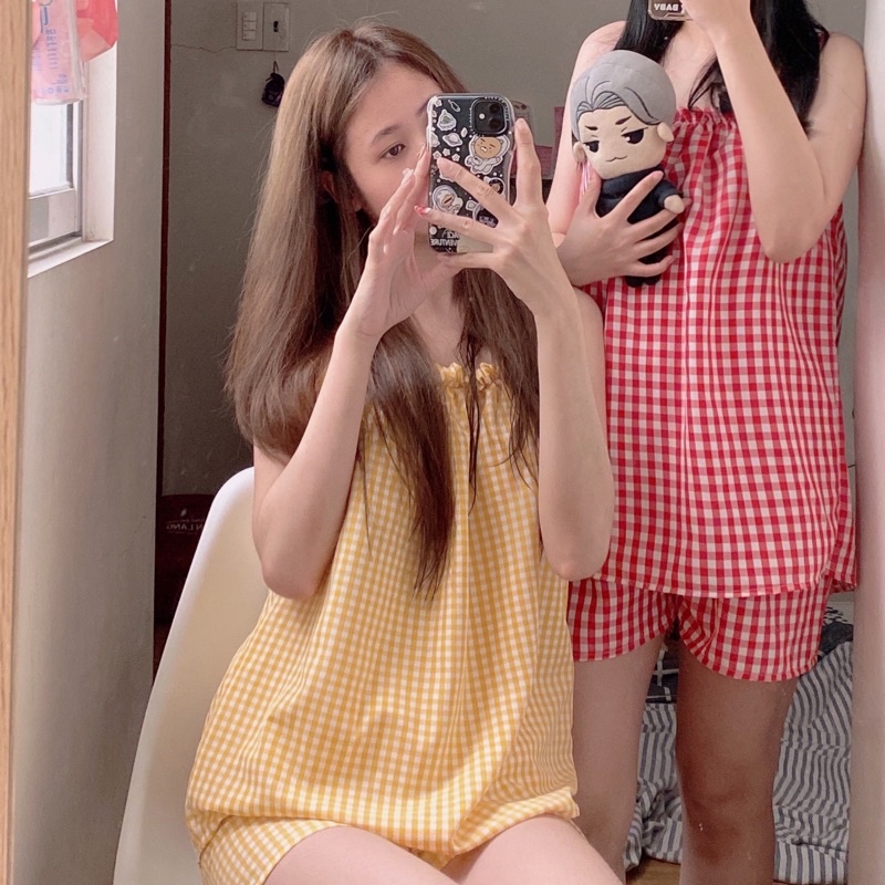Đồ Ngủ Hai Dây Caro Mặc Nhà Thoáng Mát Đồ Ngủ Dễ Thương Pijama Đồ Mặc Nhà Nữ Quần Áo Ngủ Nữ