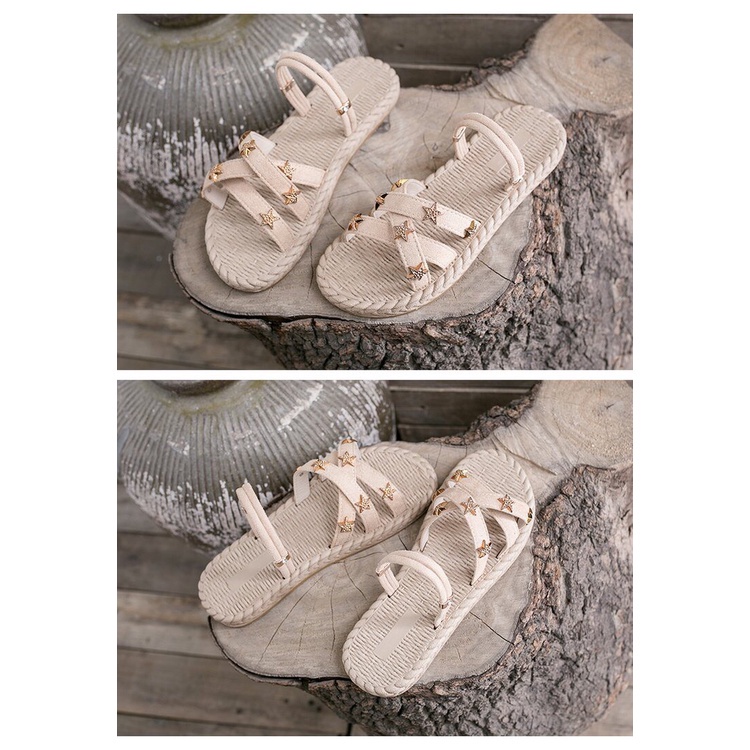 Dép Sandal nữ đế bằng quai mảnh đính đinh da lộn êm chân đi được 2 kiểu-SB17