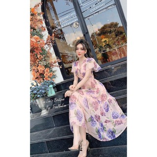 9030. đầm hoa to tay ngắn