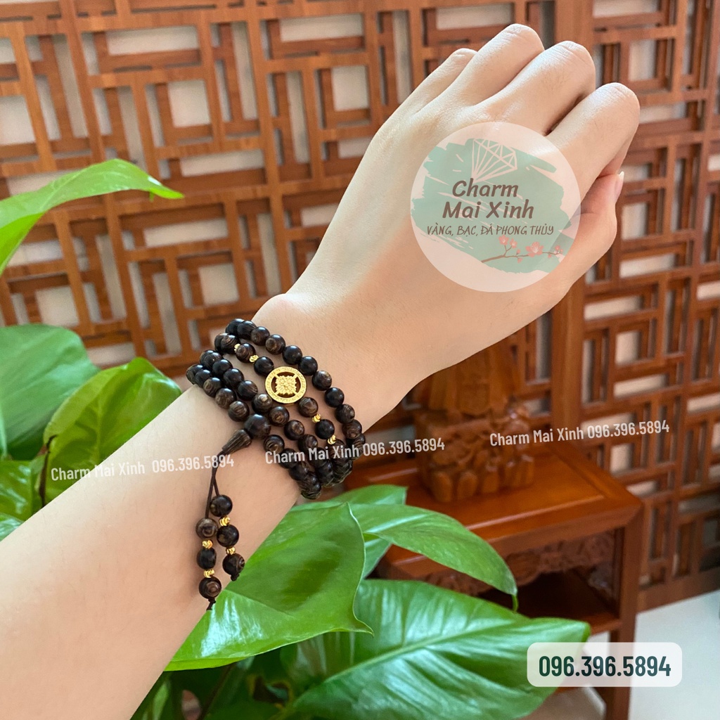 Chuỗi Trầm Hương Sánh Chìm 108 hạt phối Bánh Xe Pháp Luân Hồi - Vòng Tay Hoa Gỗ tự nhiên Nam Nữ phong thuỷ