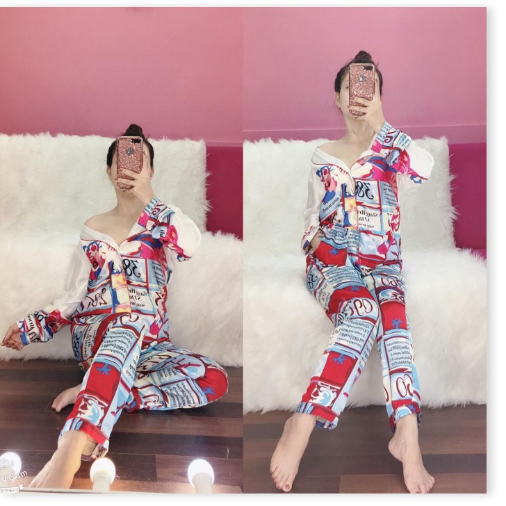 Tập Hợp Set Pizama Nữ Mặc Nhà - Đồ Bộ Pijama Ngủ  Đồ Bộ Ngủ Nữ Tay Da-i Satin Cao Cấp Ho-a Tiê-t Những Chú Mèo Đáng Yêu