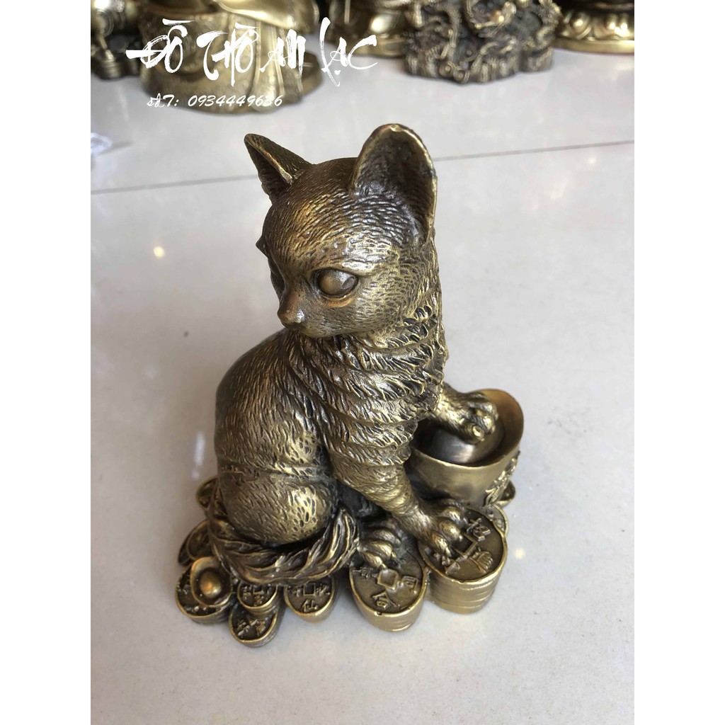 Tượng Mèo Tài Lộc Bằng Đồng – Mèo Đứng Trên Thỏi Vàng Đẩy Đủ Kích Thước - Đồ Phong Thủy Cao Cấp