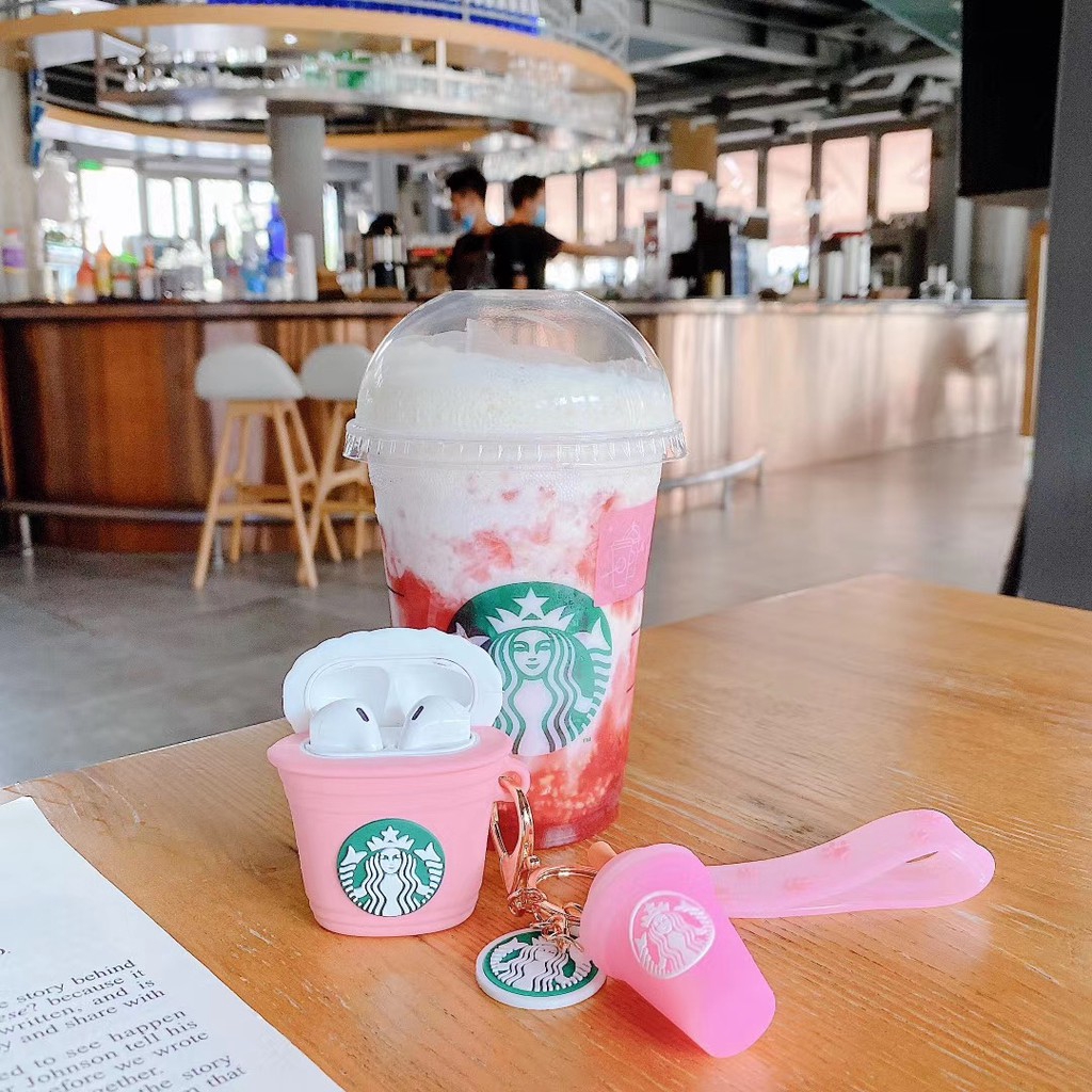 Vỏ silicon bảo vệ hộp sạc tai nghe Airpods Pro hình ly nước Starbucks in hình hoa anh đào