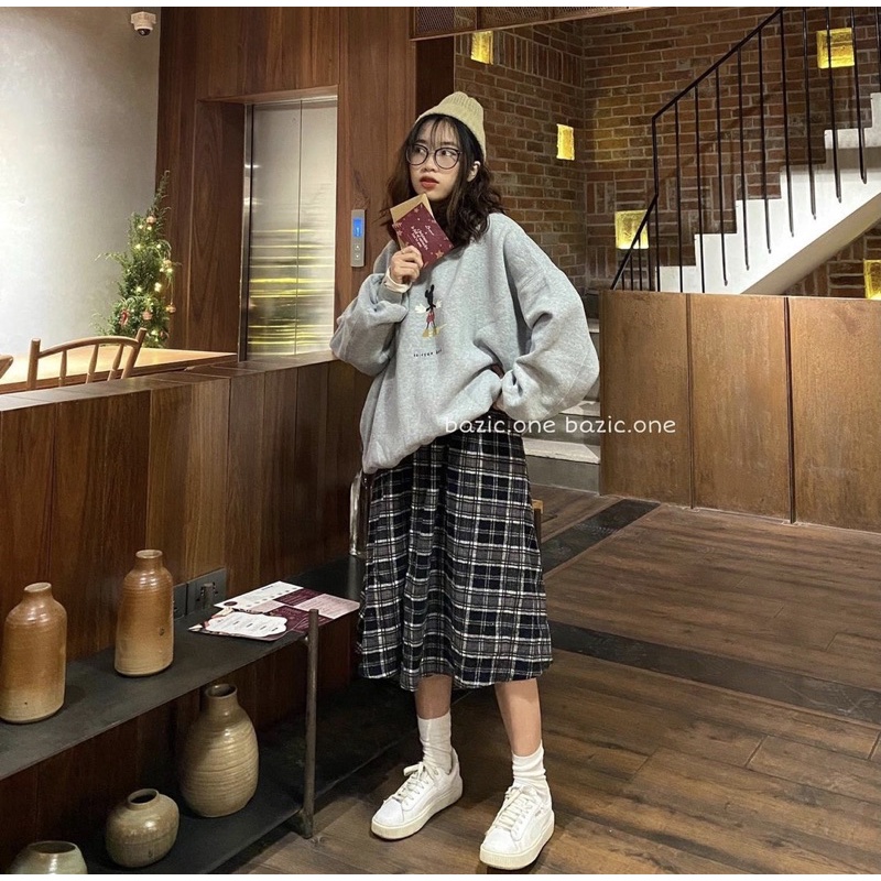 Set Áo Nỉ Gấu Mix Chân Váy Kẻ 2 Màu Dễ Thương Có Ảnh Thật Kèm Video