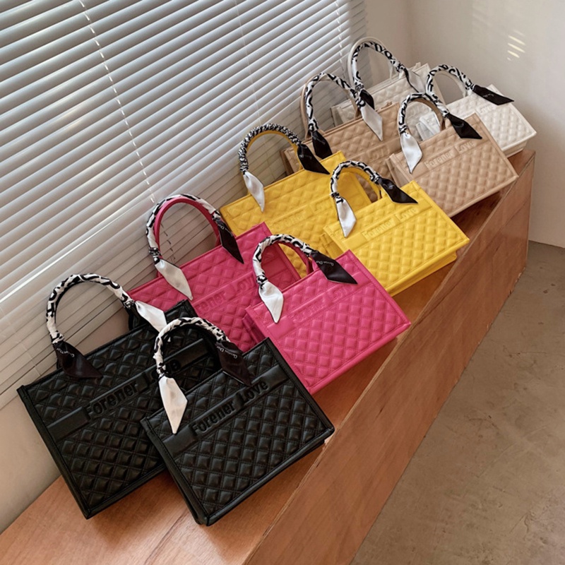 Túi xách IELGY kết cấu hình kim cương phối khăn lụa quấn tay cầm thời trang cho nữ