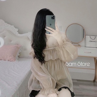 Áo trễ vai voan tơ ngực bèo nhún tay phồng