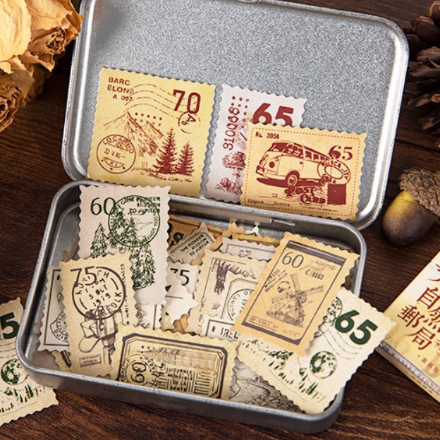 Hộp 45 miếng sticker mẫu tem hình cây thông và thực vật trong rừng