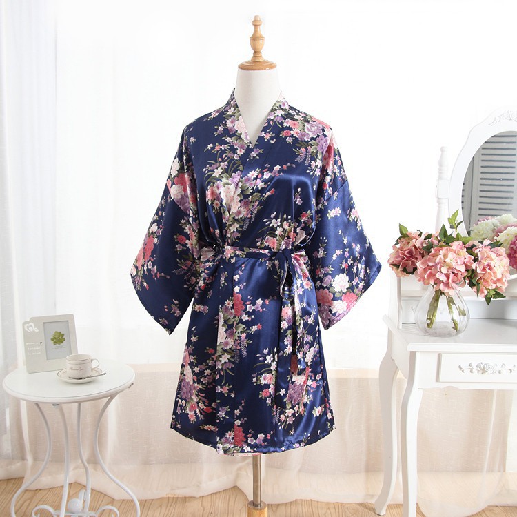 Áo Choàng Tắm Kimono Vải Satin In Hoa Dành Cho Nữ