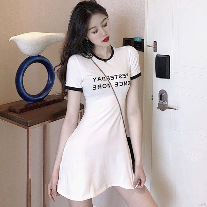Đầm thun dài cổ tròn tay ngắn in chữ thời trang năng động cho nữ