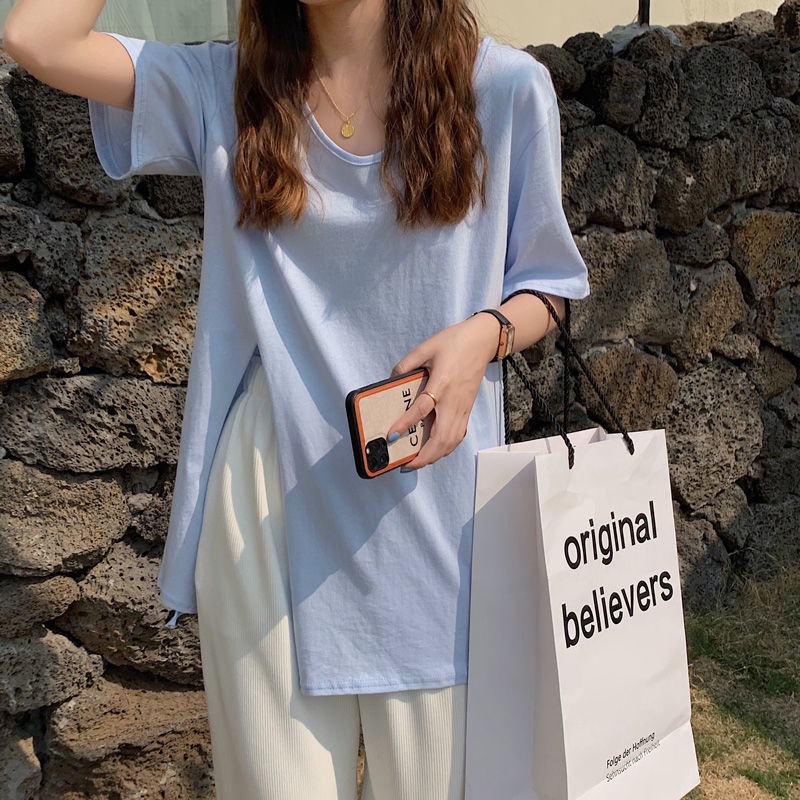 Áo Thun Tay Ngắn Cổ Chữ U Dáng Rộng Xẻ Tà Thời Trang Mùa Hè Hàn Quốc Mới Dành Cho Bạn Nữ