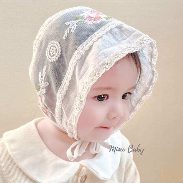 Mũ nón tiểu thư vải đũi phối ren thêu hoa xinh xắn cho bé gái MTT141 Mimo Baby