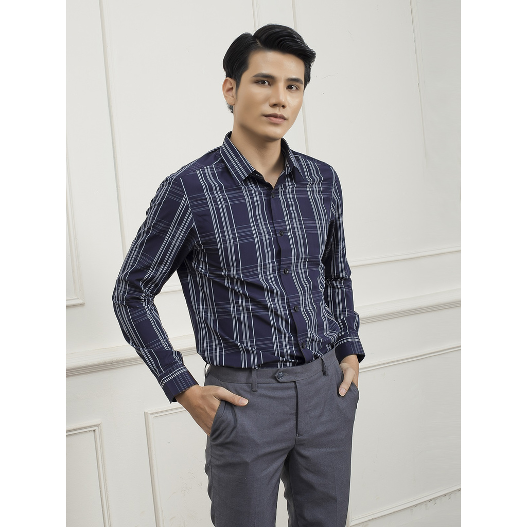 Áo Sơ Mi Nam Tay Dài Aristino ALS20509 Màu Tím Than Caro Trắng Kiểu Dáng Slim Fit Chất Liệu Sợi Sồi