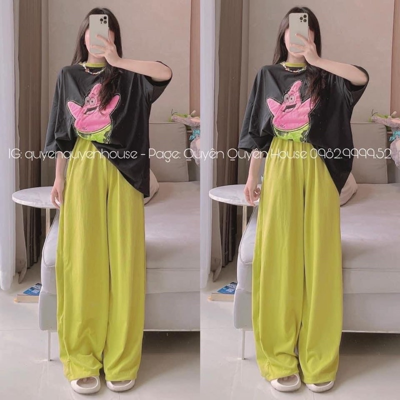 Set áo cotton đen phối cổ hình thêu quần suông gân