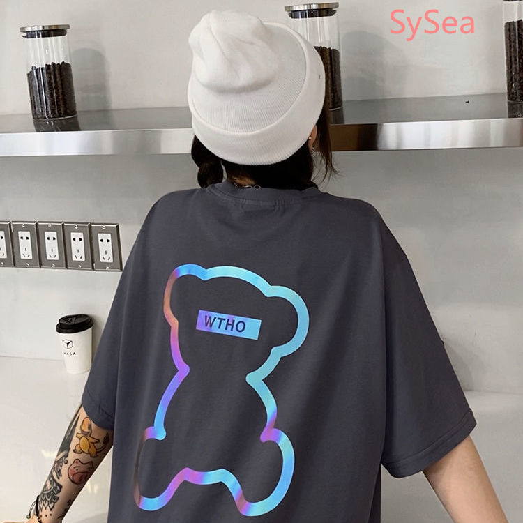 Áo Thun Cotton Tay Ngắn Dáng Rộng In Hình Gấu Phản Quang Độc Đáo Hợp Thời Trang
