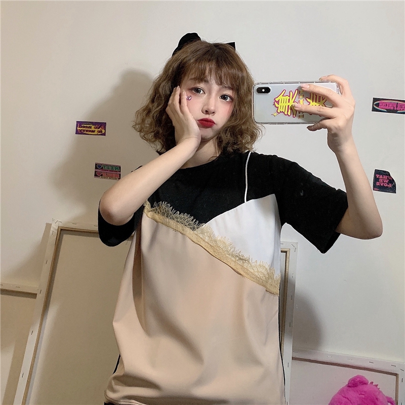 SUXI French Top Splicing Fashion Round Neck Cotton Short Sleeve Women's T-Shirt