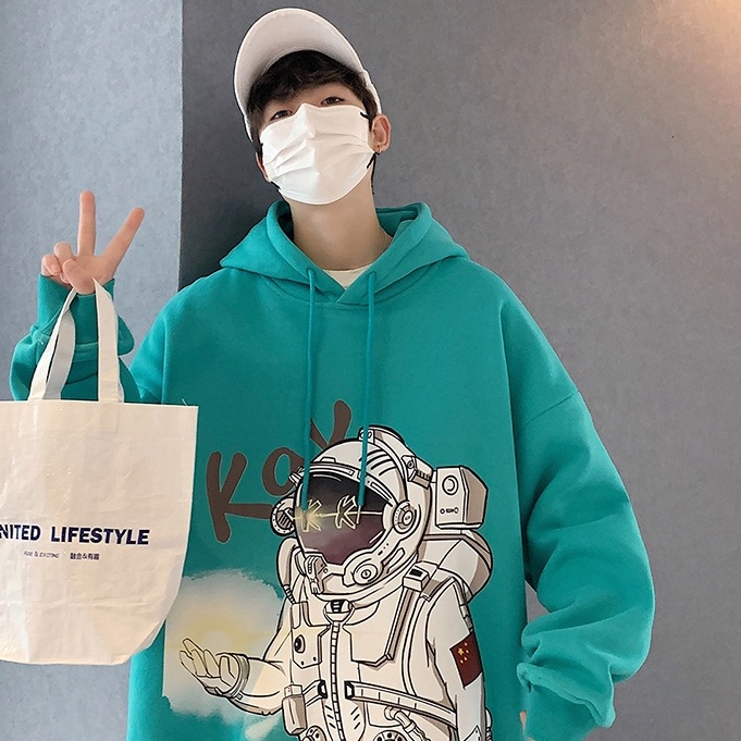 Áo hoodie dáng rộng in họa tiết phi hành gia phong cách Hong Kong thời trang dành cho nam