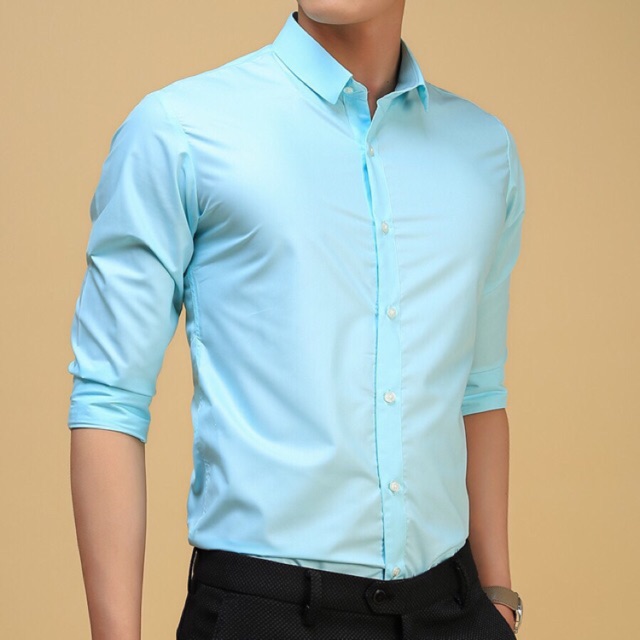 Áo sơ mi công sở nam dài tay áo kiểu đẹp hàn quốc F8888 Xanh Ngọc Cúc Đen loại đẹp