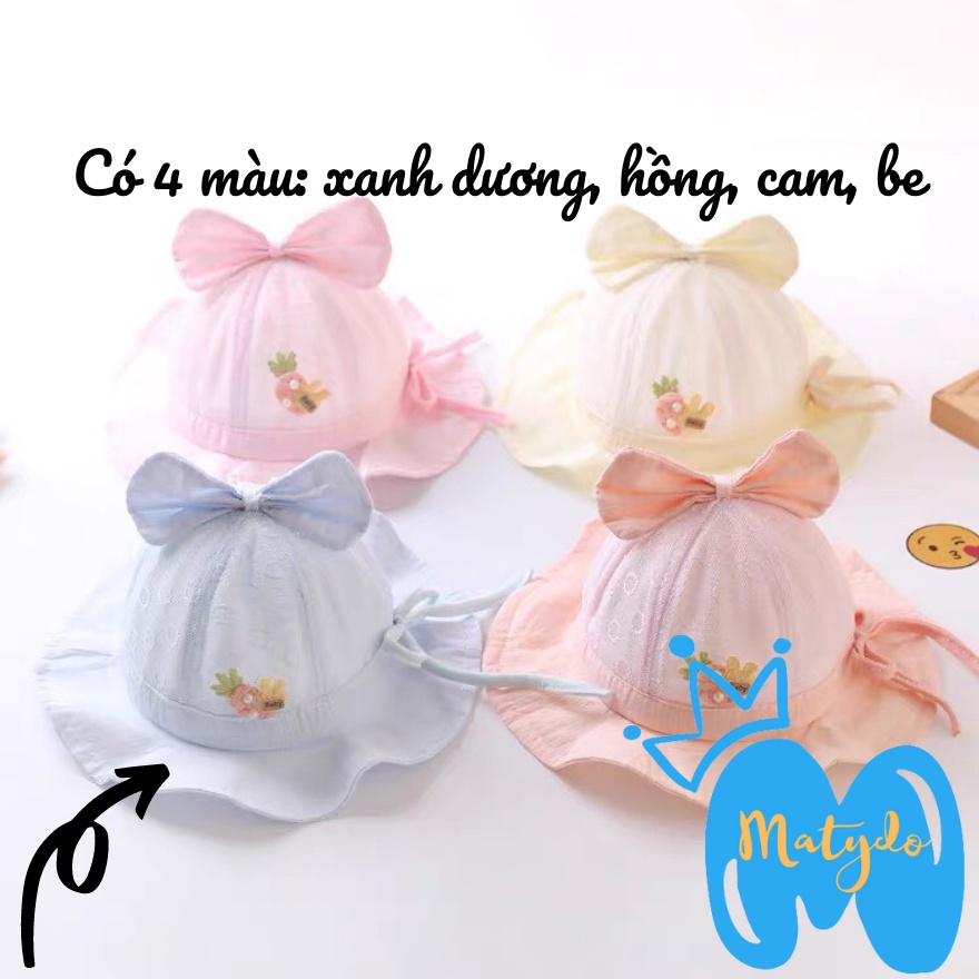Mũ cho bé gái bé trai nón vành tròn hình nơ cotton lưới có dây rút điều chỉnh phụ kiện cho bé từ 0-2 tuổi