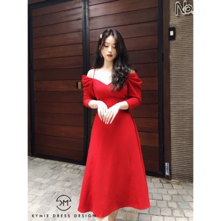 Váy xòe trễ vai cổ tim đầm dáng dài V235 KYMIE
