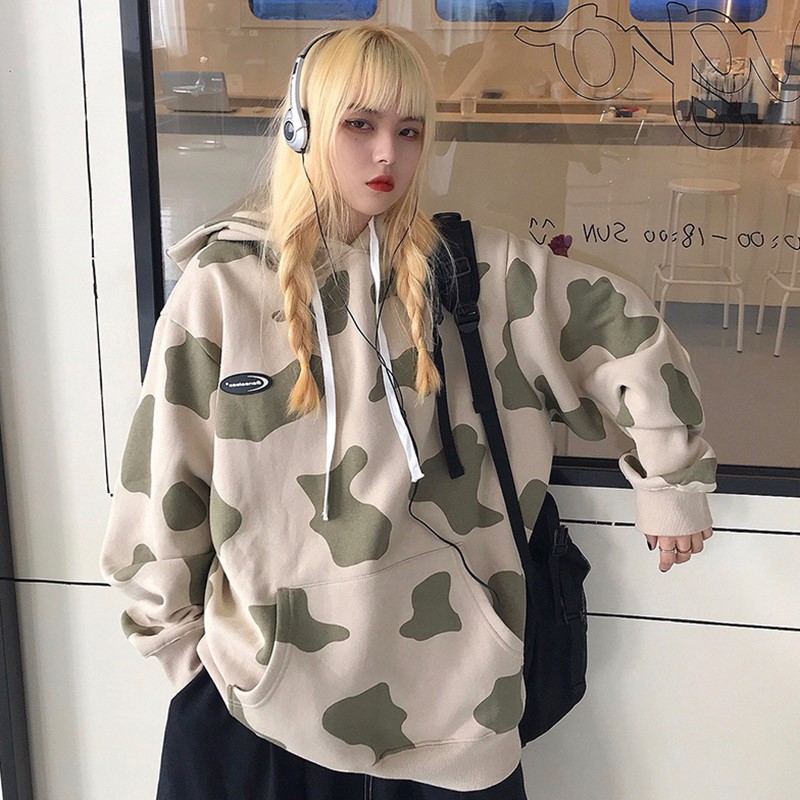 Áo Hoodie Dáng Rộng Tay Dài In Hình Bò Sữa Thời Trang Thu Đông Phong Cách Hàn Quốc Cho Nữ