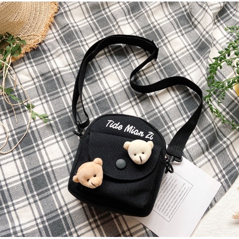 Túi vải đeo chéo mini đính gấu xinh xinh