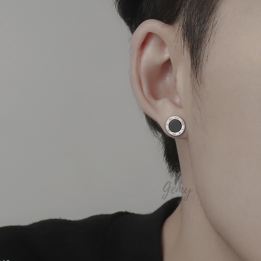 Khuyên tai nam bông bạc 925 mặt đá đen khắc số la mã Latin Numbers độc đáo, cá tính, unisex (1 chiếc)| GEMY SILVER KN40