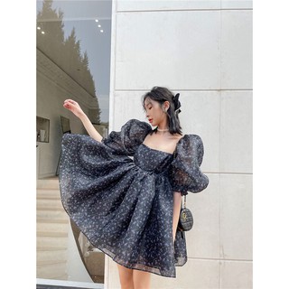 (HÀNG CÓ SẴN) Đầm đen hoa nhí cổ vuông tay phồng vải organza siu siu xinh (có hình thật)