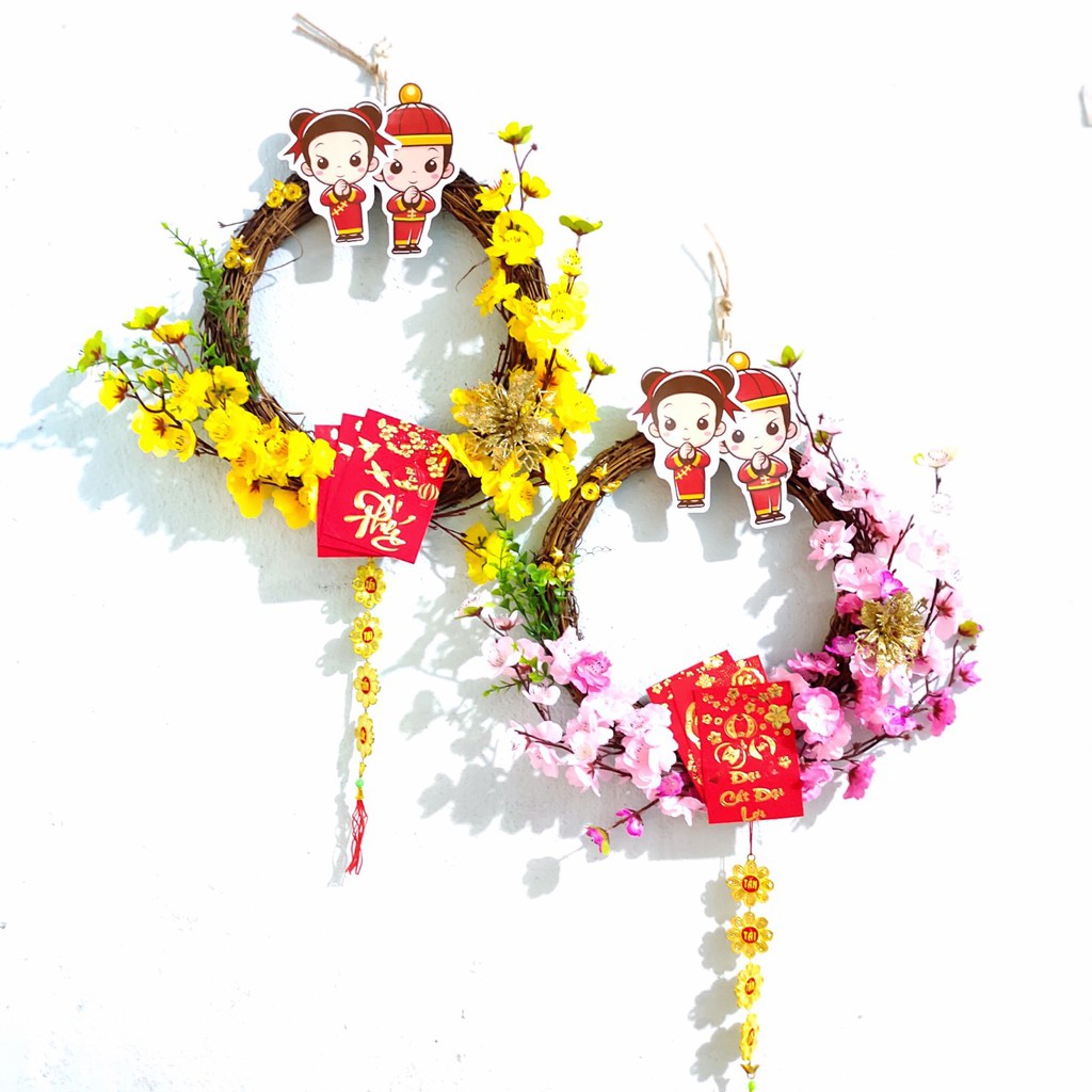 Vòng hoa mai hoa đào trang trí tết H02