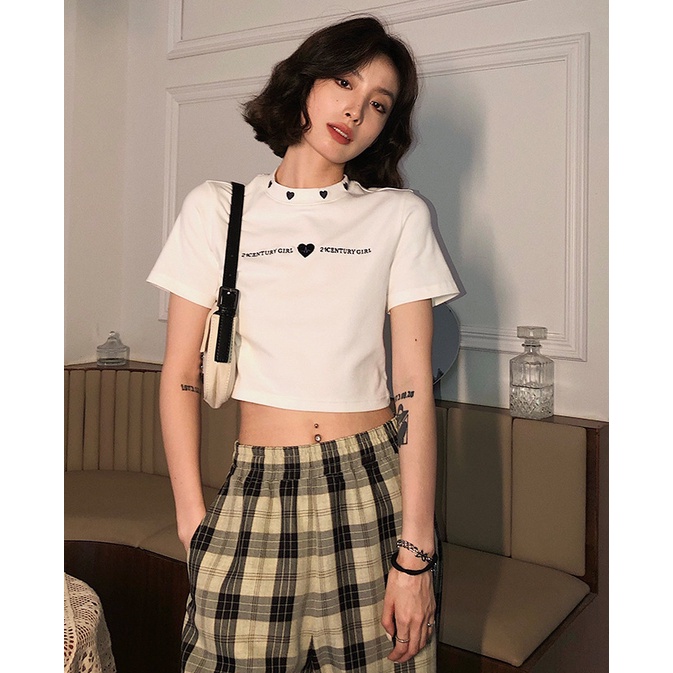 Áo Thun Croptop Tay Ngắn Dáng Ôm Thêu Chữ Thời Trang Cho Nữ