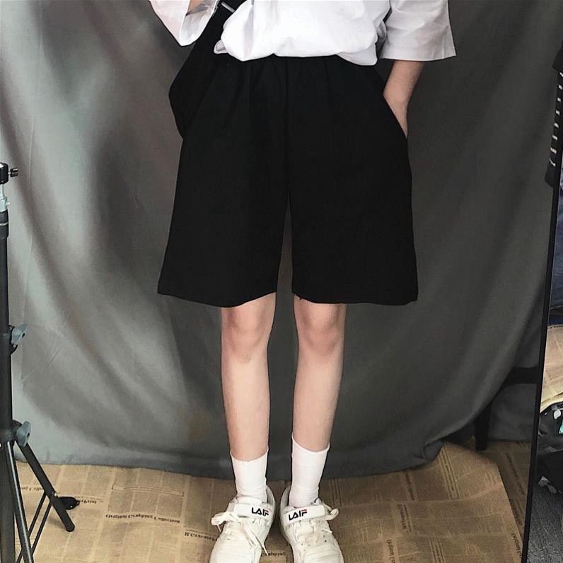 Quần đùi trơn nam nữ dáng lửng basic ống rộng cạp chun co dãn/ Quần short unisex mặc mùa hè 2 màu dễ phối đồ_kudoshop