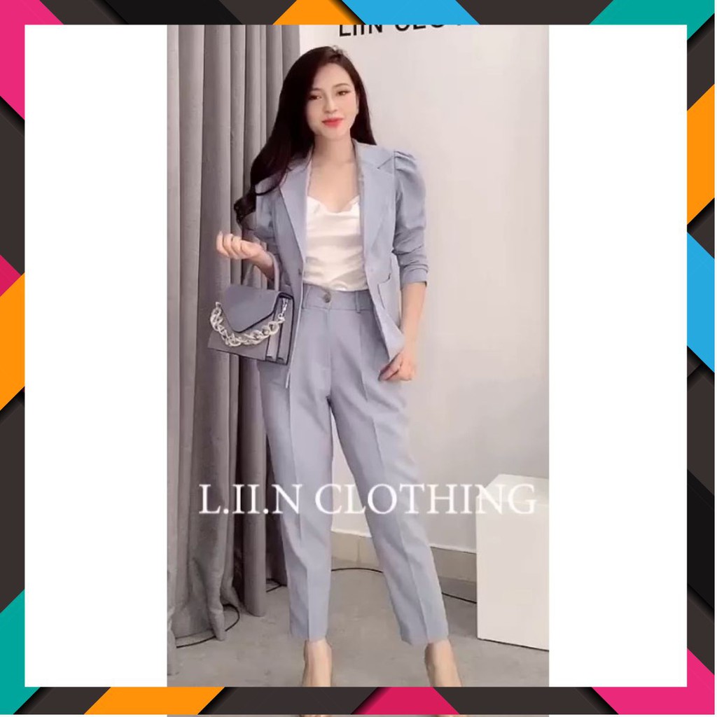 Set Bộ Áo Vest Nữ Công sở màu Xanh Thiết kế độn vai Phối cùng quần Baggy bán tách set