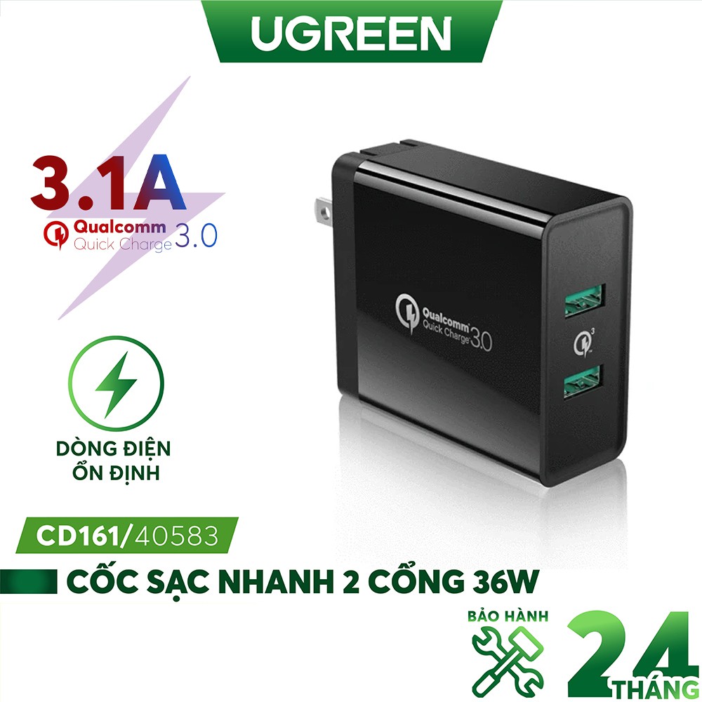 Sạc nhanh UGREEN CD161 2 cổng tốc độ cao chuẩn Quick Charge 3.0, công suất tối đa 36W - Hàng chính hãng