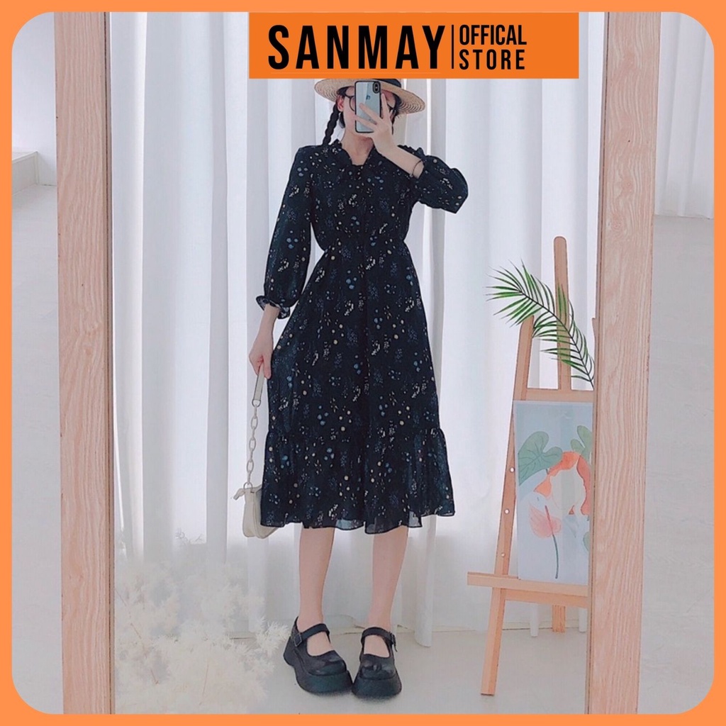 Đầm hoa nhí vintage thiết kế SANJOLI Váy voan hoa babydoll tay dài, phù hợp đi dự tiệc, đi làm công sở VD007 | BigBuy360 - bigbuy360.vn