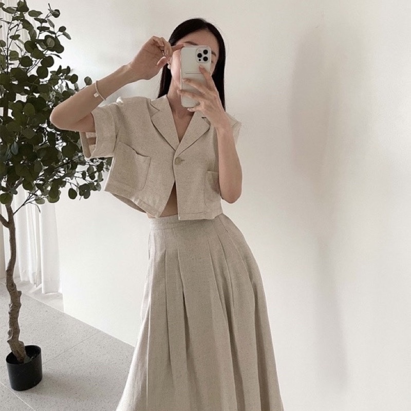 Chân váy xếp li dài chất đũi