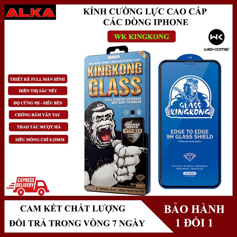 Kính cường lực full màn hình Iphone WK, kính cường lực KingKong dành cho Iphone từ Iphone 7 đến Iphone 14promax