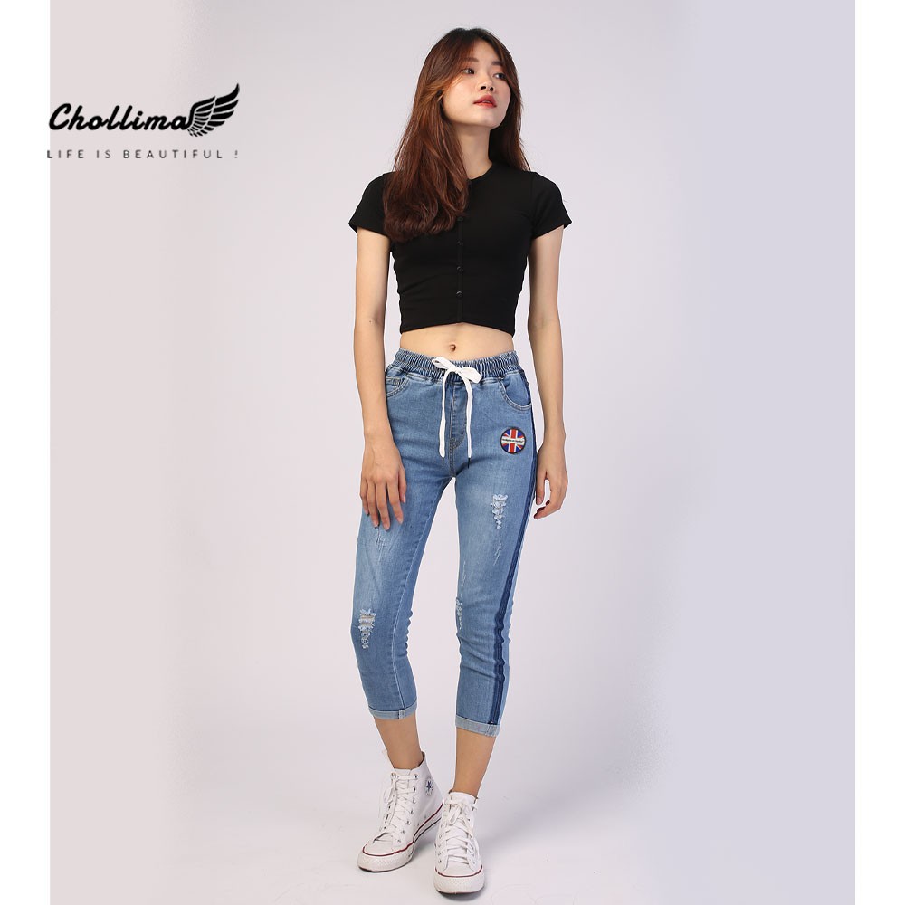 Quần jeans nữ lưng thun Chollima 2 viền màu xanh nhạt QD019 - Quần bò 9 tấc lưng thun