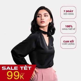 Áo sơ mi đen nữ Iberis MAIIMR cổ V chocker