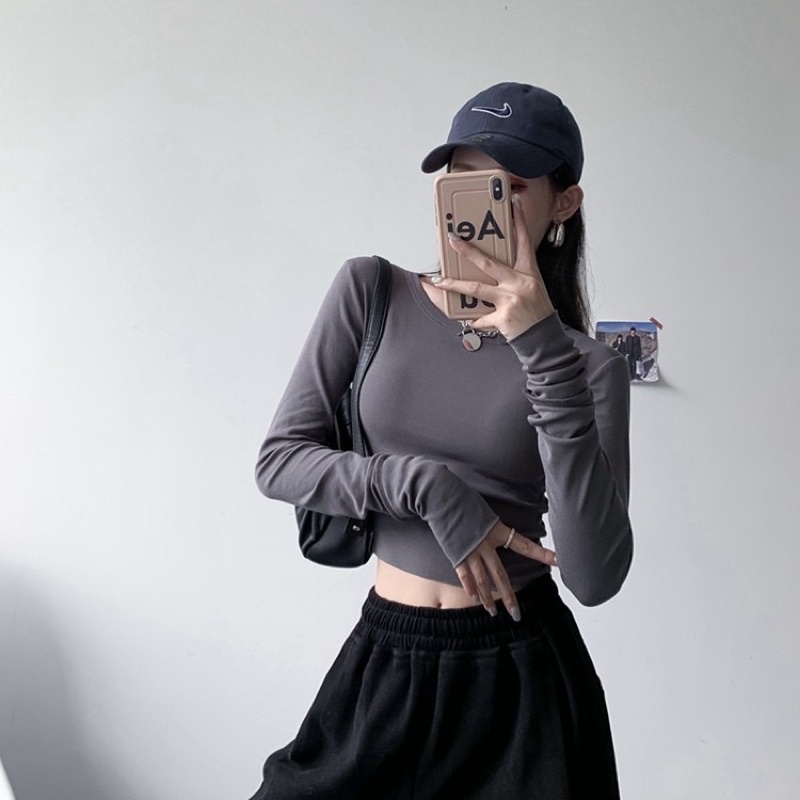 Áo Kiểu Croptop Tay Dài Ôm Body Nữ Màu Trơn Chất Bo tăm Cá tính