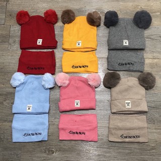 Sét khăn ống kèm mũ len 2 quả bông cho bé MS06_Happybear