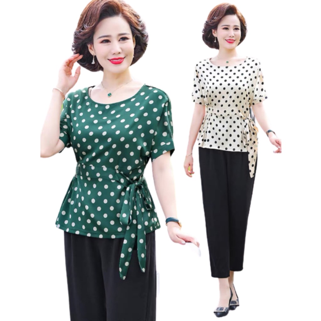 Áo kiểu nữ trung niên sang trọng Thiên Tú , họa tiết chấm bi nhỏ chất voan mát mẻ thanh lịch tinh tế